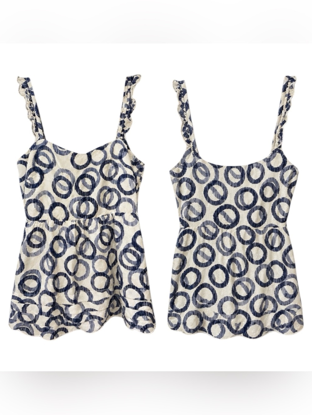 Vintage Juicy Couture Y2K 100% Silk Navy Circle Print Ruffle Strap Cami Tank XS